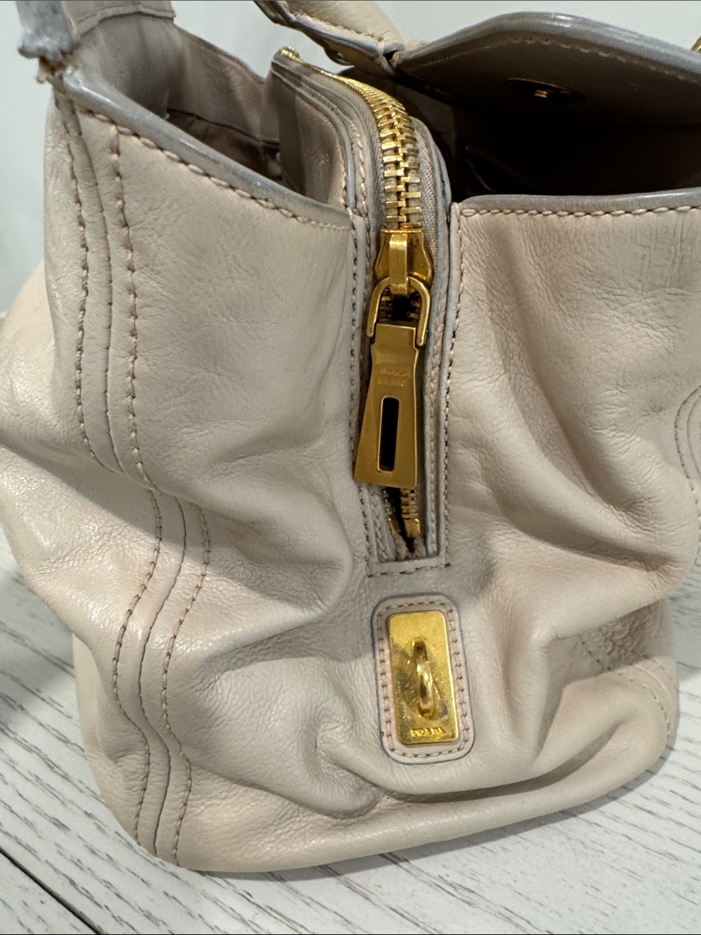 PRADA Nude Leather Top-Handle Satchel with Gold Hardware - Picture 6 of 16